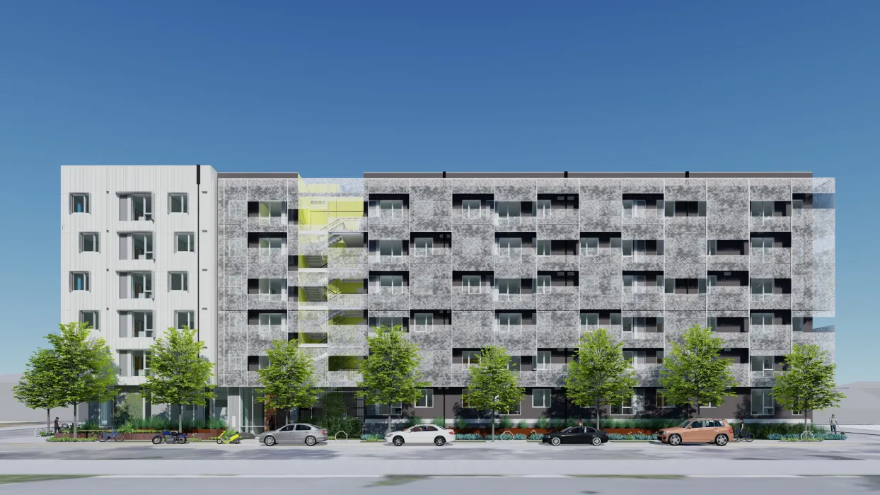 Rendered elevation of Coliseum Place, affordable housing in Oakland, Ca.