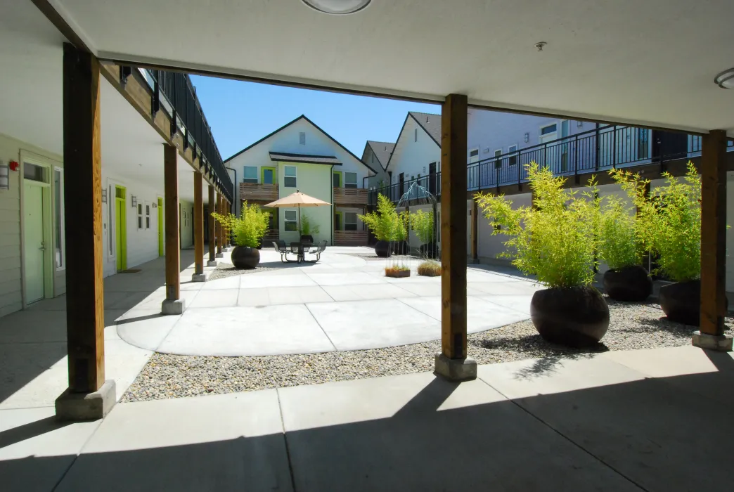 Courtyard and shared walkways at Art Ark in San Jose, California.