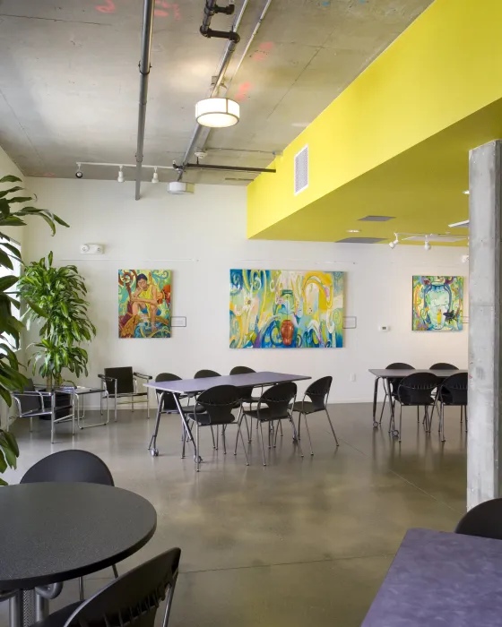 Gathering area inside the common area at Art Ark in San Jose, California.