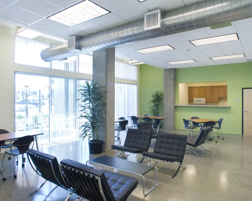 Community lounge area inside Delmas Park in San Jose, California.