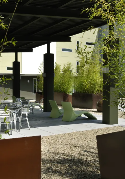 Seating area on the courtyard rooftop at Delmas Park in San Jose, California.