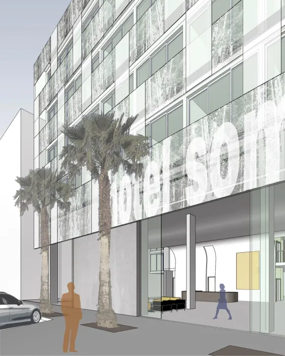 Exterior rendering of the entry to Hotel SOMA.