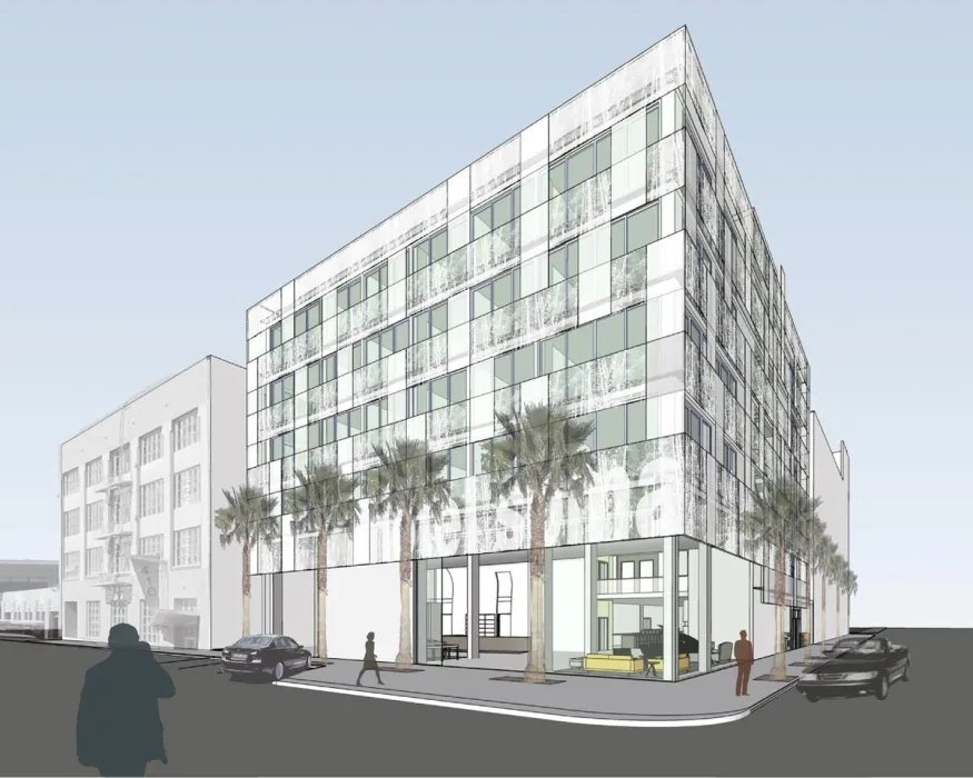 Exterior rendering of the corner of Hotel SOMA.