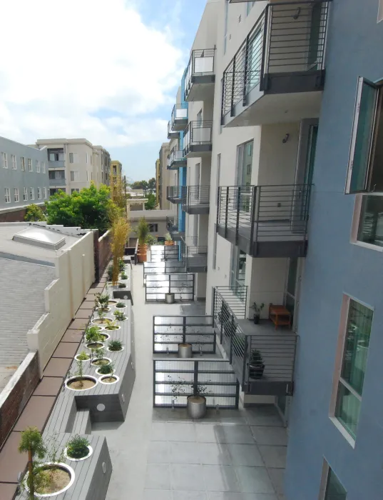 Ground floor units shared courtyard at 200 Second Street in Oakland, California.