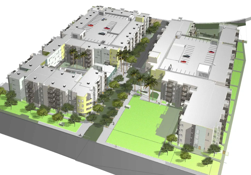 Aerial rendering of Paseo Senter in San Jose, California.