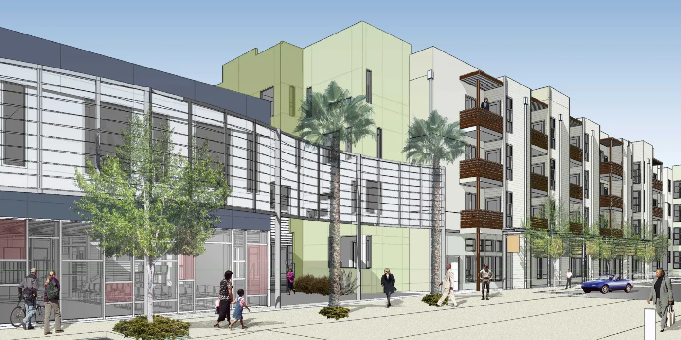 Exterior rendering of the community room for Paseo Senter in San Jose, California.