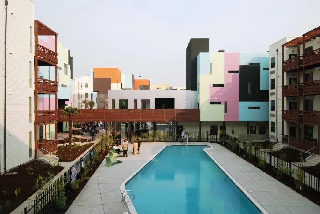 View of the courtyard pool at Paseo Senter in San Jose, California.