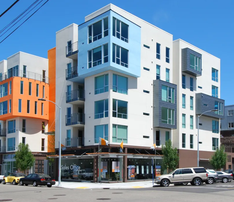 Exterior street view of sales office at 200 Second Street in Oakland, California.