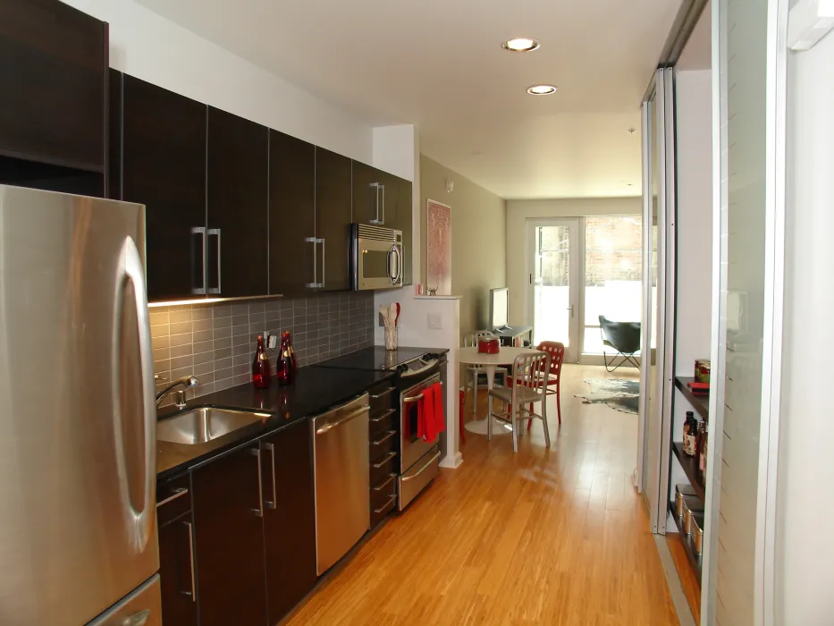 Kitchen inside a unit at 200 Second Street in Oakland, California.