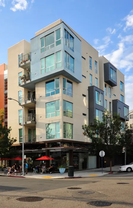 Exterior view of retail spaces at 200 Second Street in Oakland, California.