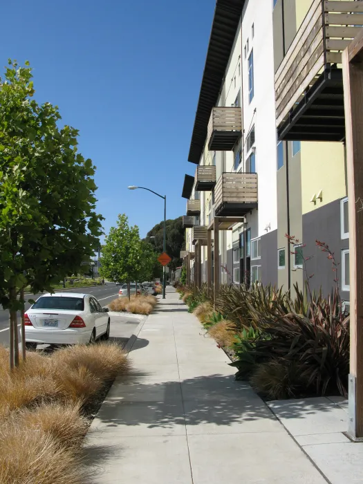 Sidewalk along townhomes at West End Commons in Oakland, Ca.