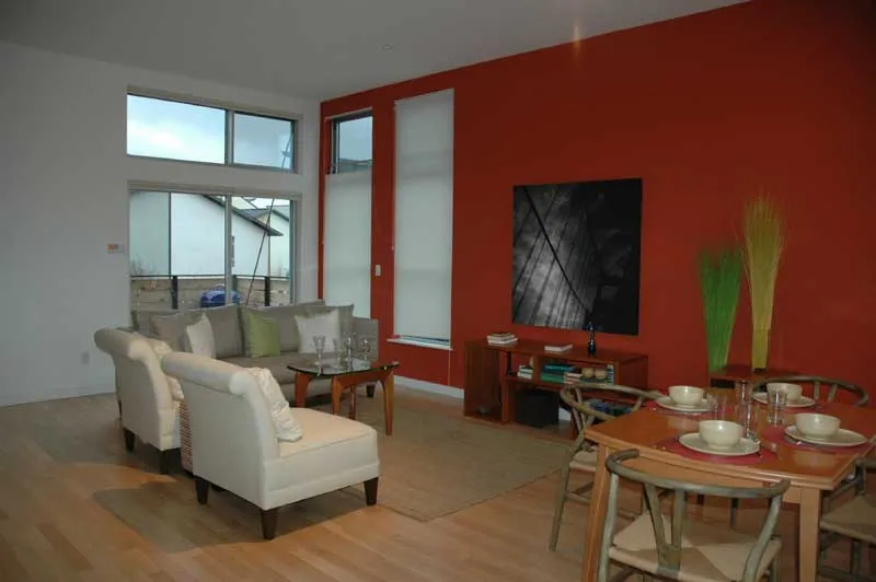 Living room inside a townhome at West End Commons in Oakland, Ca.