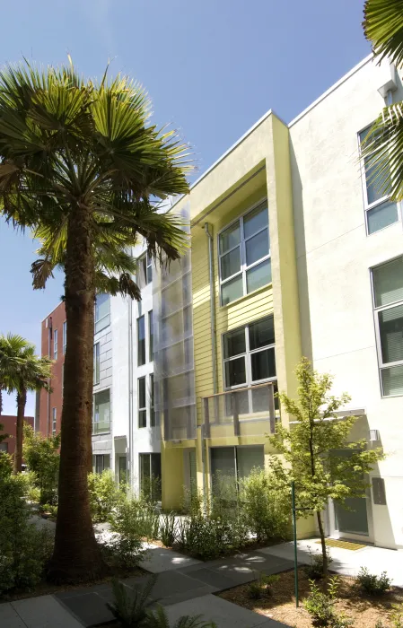 View of townhouses along mews at Blue Star Corner in Emeryville, Ca.