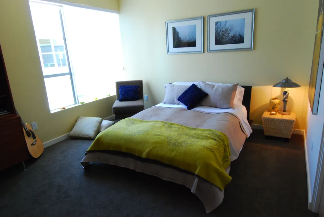 Bedroom inside a unit at Blue Star Corner in Emeryville, Ca.