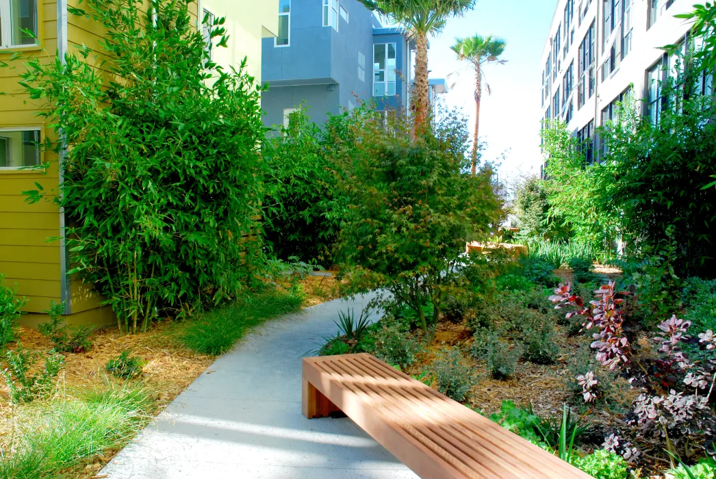 Garden walkway at Blue Star Corner in Emeryville, Ca.