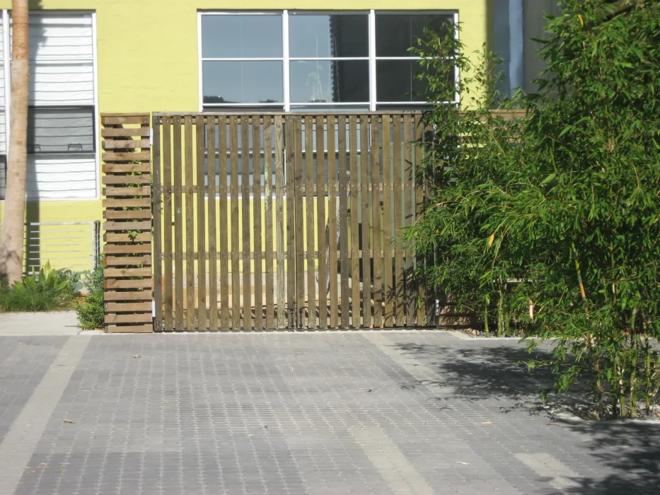 Wood and steel fence at Blue Star Corner in Emeryville, Ca.