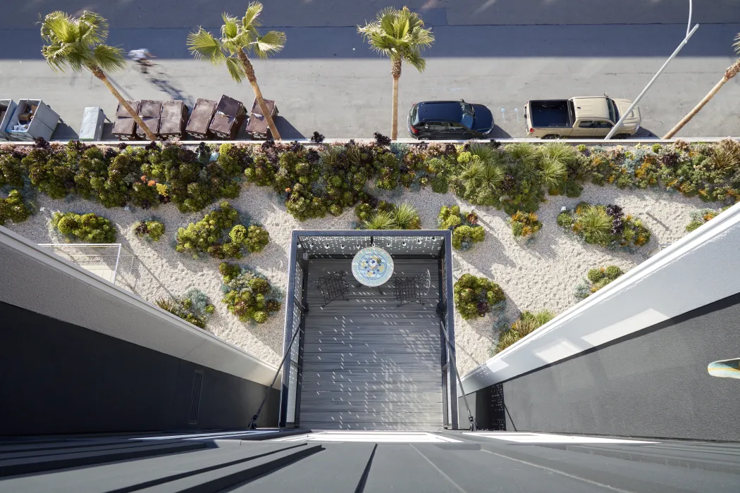 Bird's eye view of balcony at Potrero 1010 in San Francisco, CA.