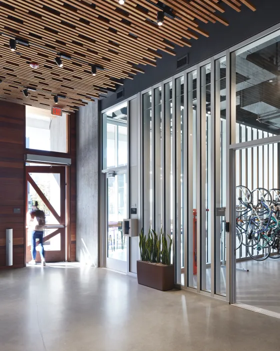 Entrance lobby and bike room inside Potrero 1010 in San Francisco, CA.