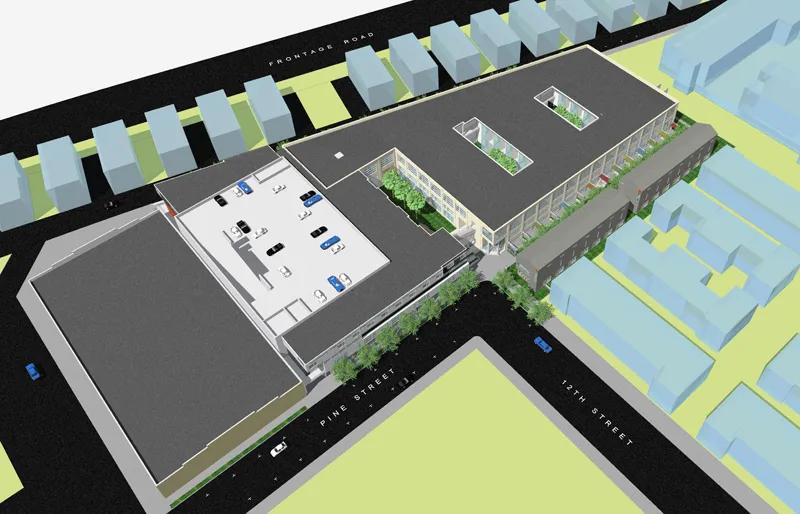 Aerial rendering of Pacific Cannery Lofts in Oakland, California.