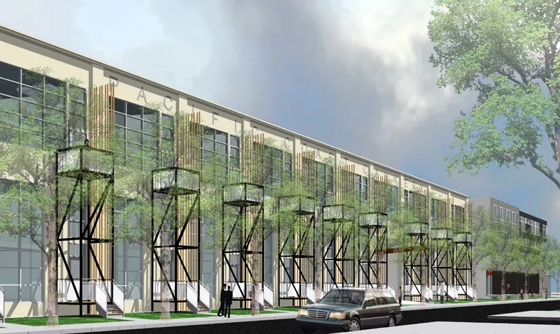 Exterior rendering of the cannery facade for Pacific Cannery Lofts in Oakland, California.