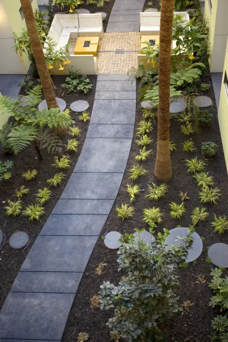 View of a courtyard from above at Pacific Cannery Lofts in Oakland, California.