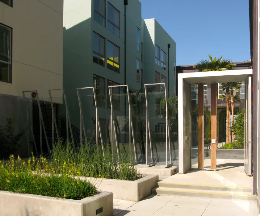 Looking out from the clear entry gate at Pacific Cannery Lofts in Oakland, California.