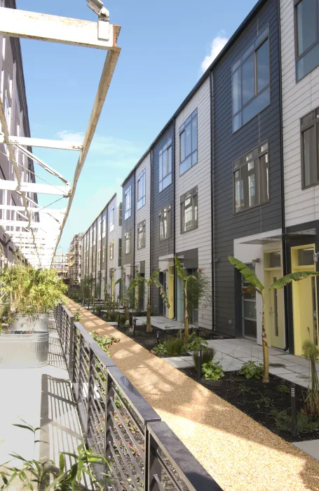 Resident pathway at Pacific Cannery Lofts in Oakland, California.