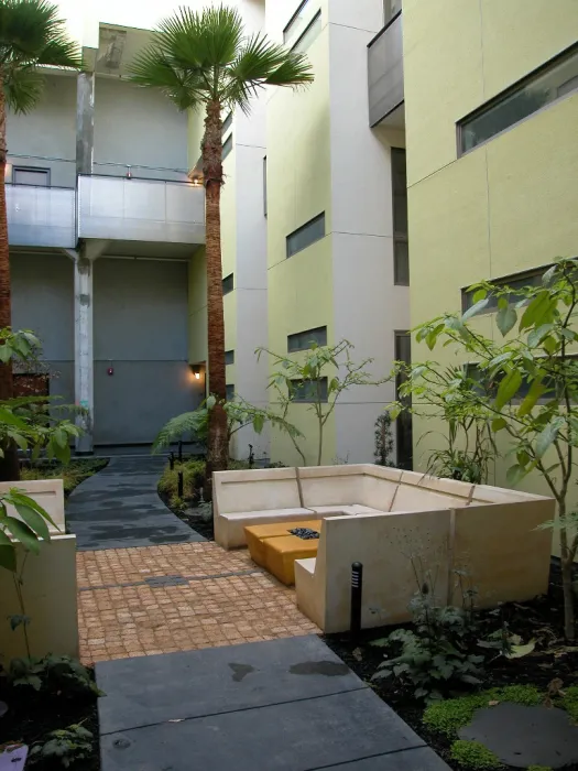 Courtyard with conversation pit at Pacific Cannery Lofts in Oakland, California.