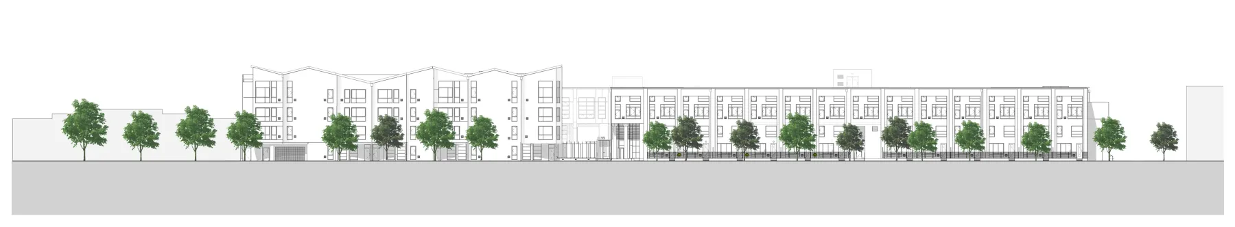 Rendering of the east facing elevation for Pacific Cannery Lofts in Oakland, California.