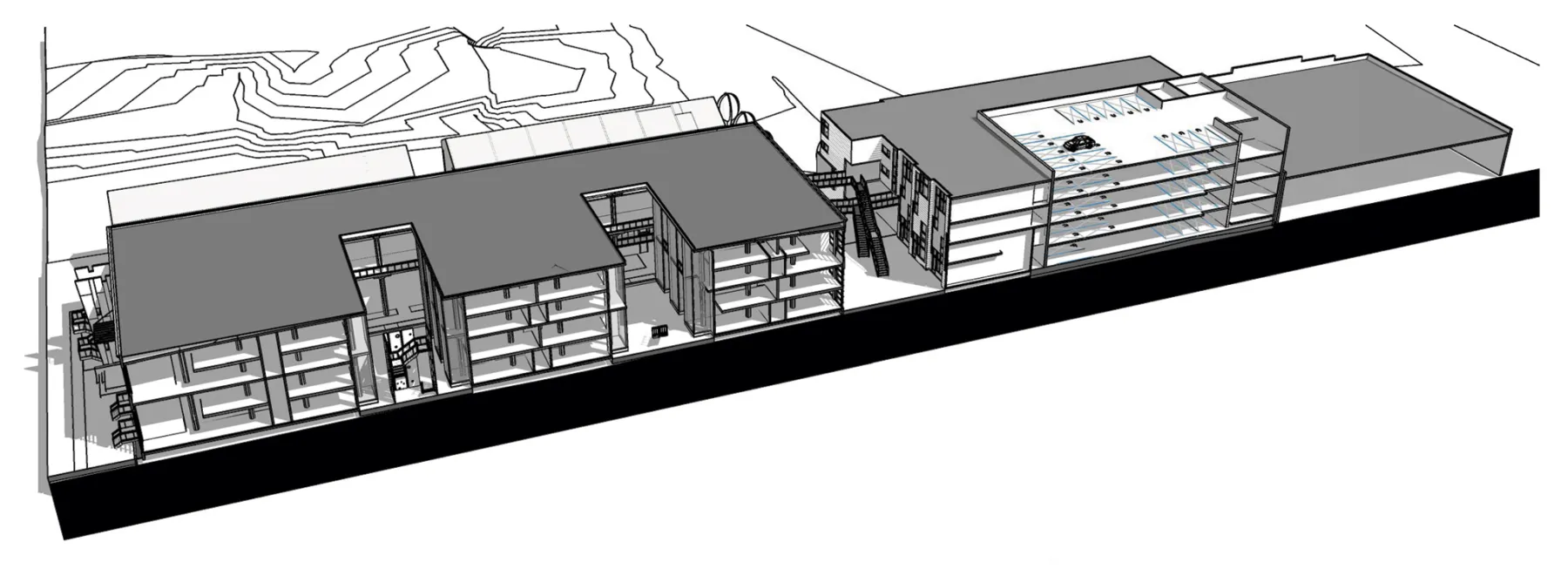 Rendering of the building section showing three courtyards for Pacific Cannery Lofts in Oakland, California.