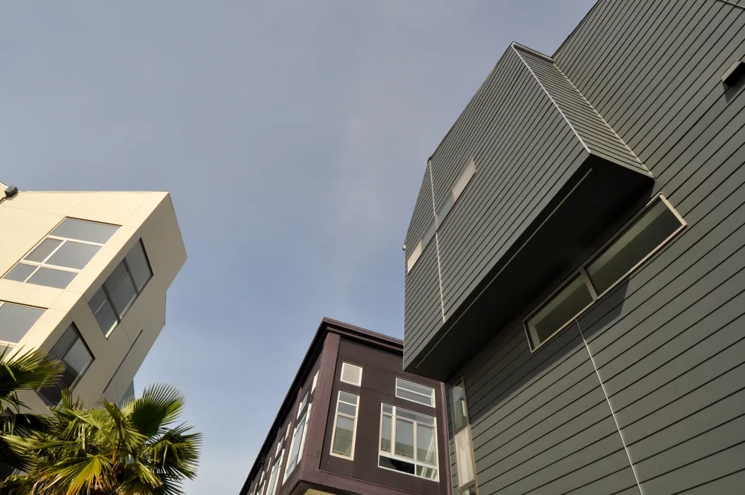 Looking up at the three different buildings at Pacific Cannery Lofts in Oakland, California.