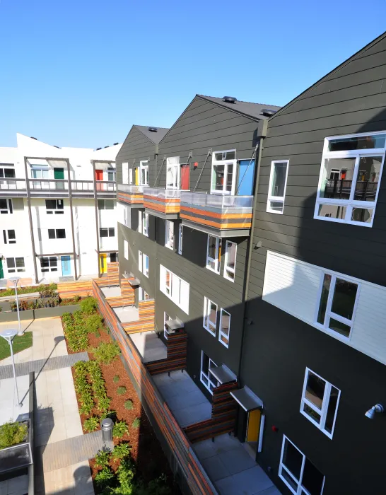 View of the courtyard and balconies at Armstrong Place in San Francisco.