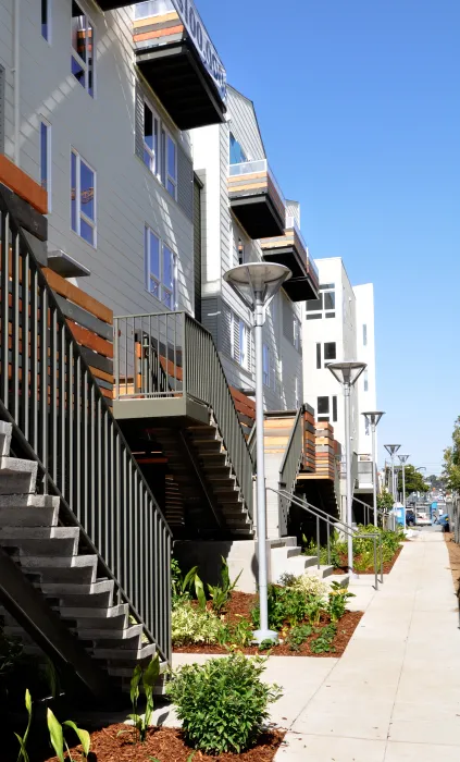 Residential entry stoops at Armstrong Place in San Francisco.