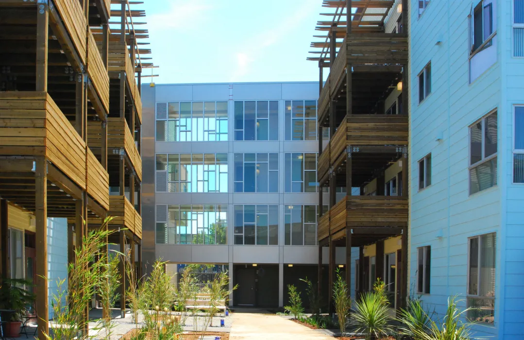 Courtyard in between two apartments buildings at Crescent Cove in San Francisco.