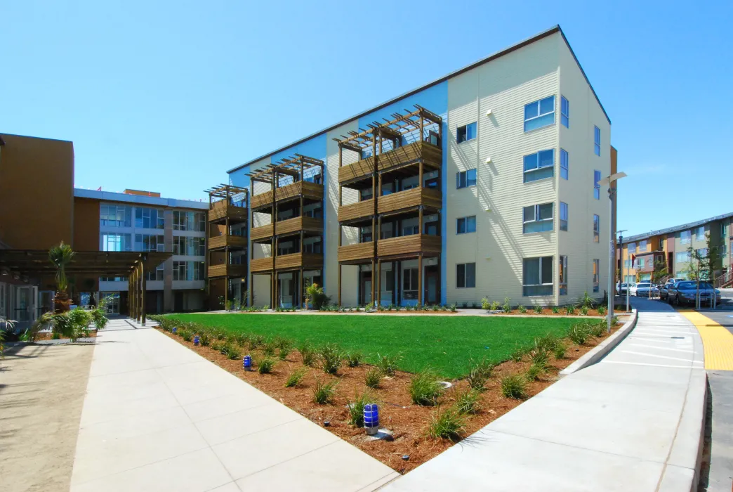 Rear elevation and green space at Crescent Cove in San Francisco.