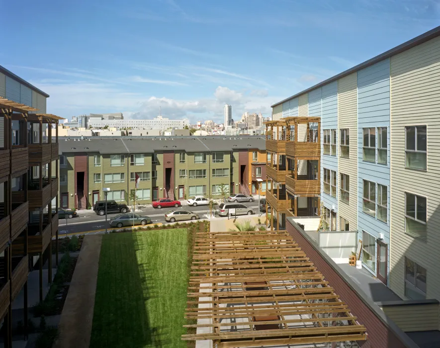 Crescent Cove townhouses with view of San Francisco in the background.