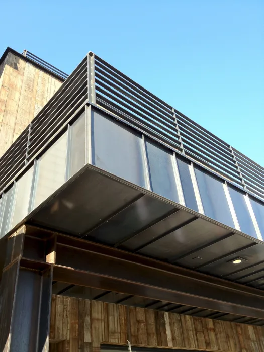 Detail view of the balcony of Truckee Prototype Mixed-Use Townhouse in Truckee, California.