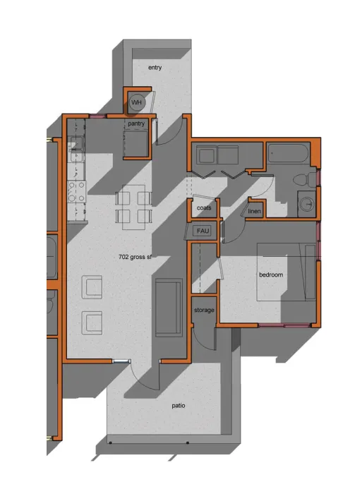 One bedroom floor plan for Cottonwood Commons in Alamogordo, New Mexico.