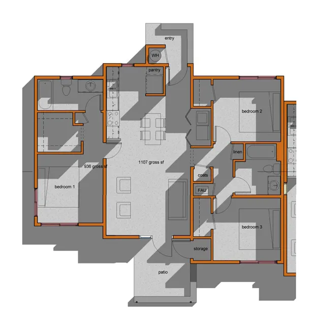 Three bedroom floor plan for Cottonwood Commons in Alamogordo, New Mexico.
