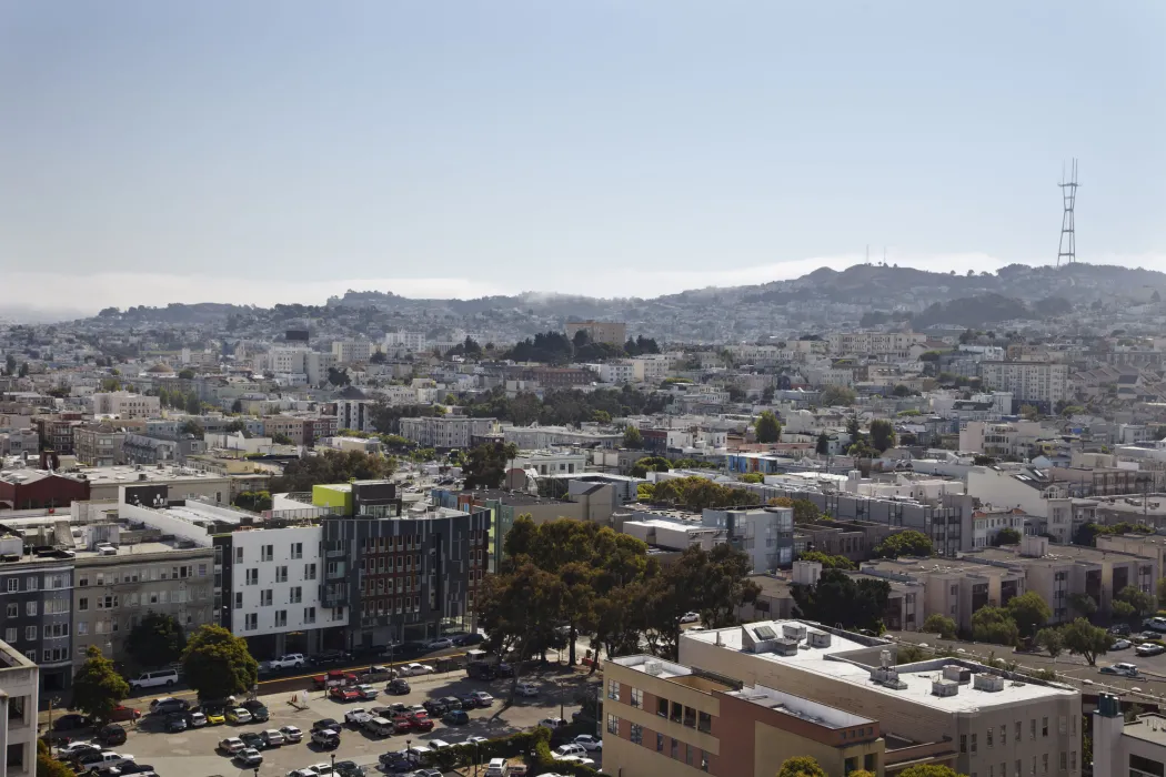 Aerial view of 300 Ivy Street, Richardson Apartments, and Hayes Valley Housing in San Francisco, CA.