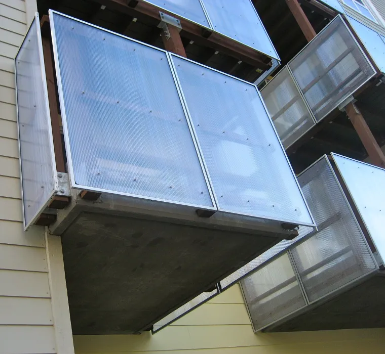 Exterior detail view of the balconies at Ironhorse at Central Station in Oakland, California.