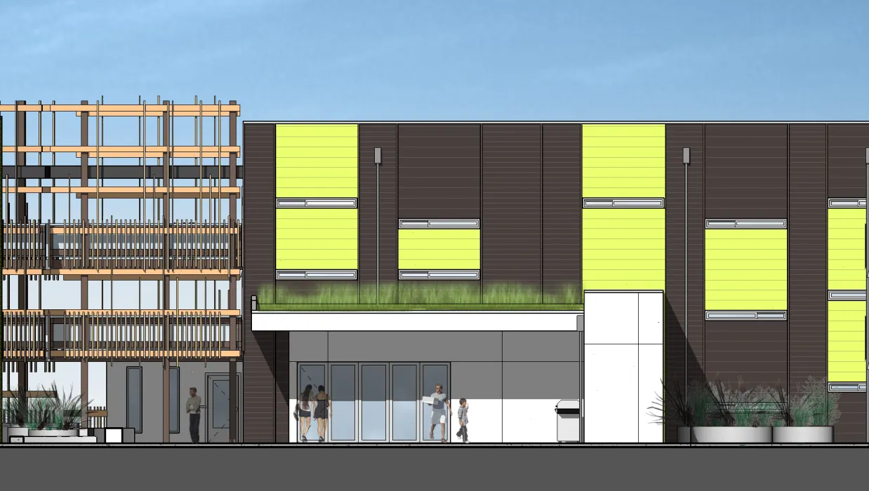 Rendering of the courtyard northern elevation for Ironhorse at Central Station in Oakland, California.