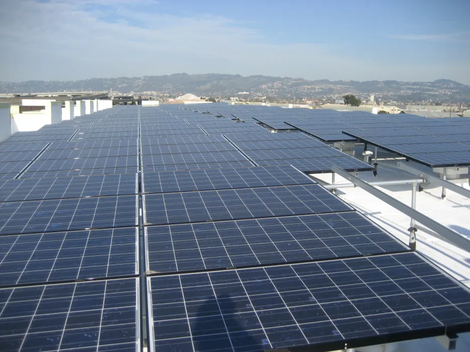 Solar panels on the roof of Ironhorse at Central Station in Oakland, California.