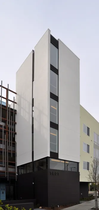 Exterior view of the stair tower at Ironhorse at Central Station in Oakland, California.