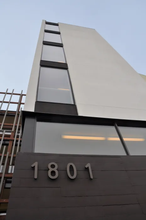 Detail view of the open-air stair tower at Ironhorse at Central Station in Oakland, California.