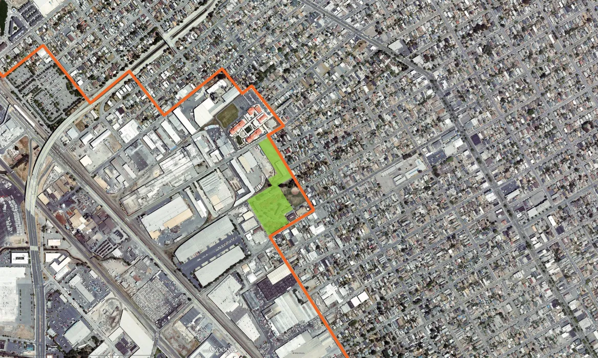 Context of residential and industrial zone for Tassafaronga Village in East Oakland, CA. 