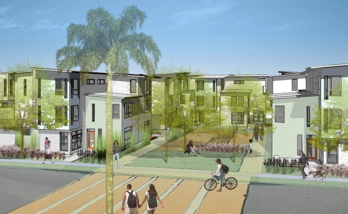 Rendering of the traffic-calmed street and Village Square for Tassafaronga Village in East Oakland, CA. 