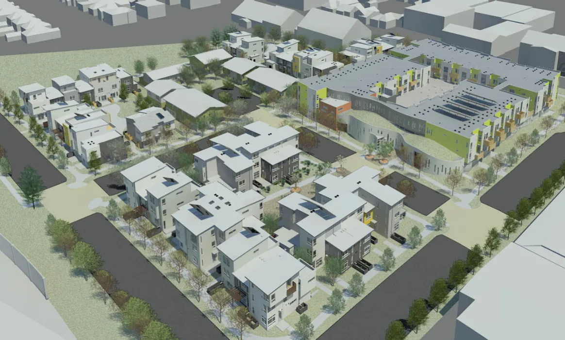 Aerial rendering of  Tassafaronga Village in East Oakland, CA. 