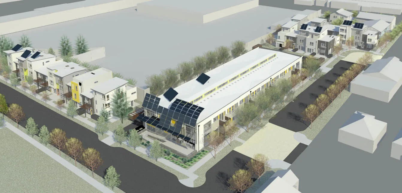 Aerial rendering of Tassafaronga Village in East Oakland, CA. 