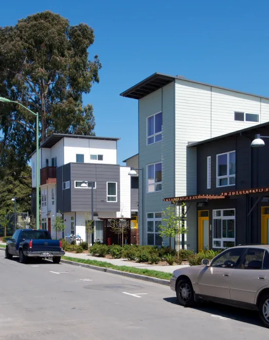 Exterior view of townhouses at Tassafaronga Village in East Oakland, CA. 